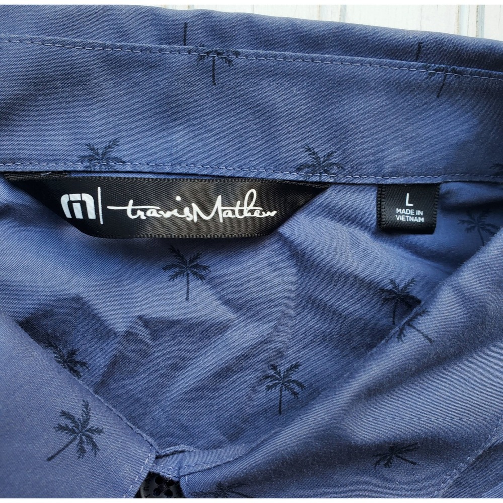 Travis Mathew Mens Blue Palm Tree Embroidered Short Sleeve Button Down Shirt L - Picture 4 of 8